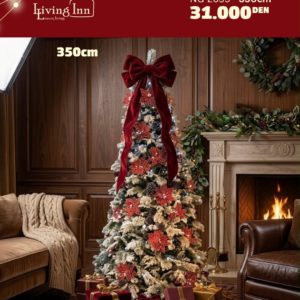 Ливинг Инн Новогодишна Снежна Елка со Црвена Машна и Цветови 350cm (NG-2659)